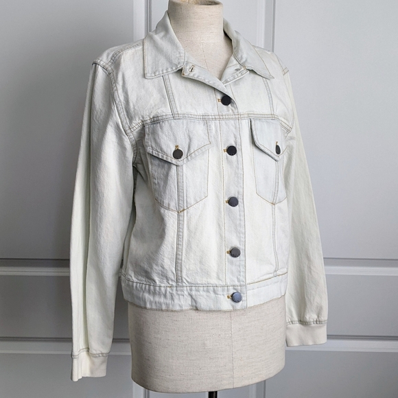 alice + olivia Jacket Denim Jean Removable Zip Out Hood Bleached Indigo L NWT - Picture 13 of 16